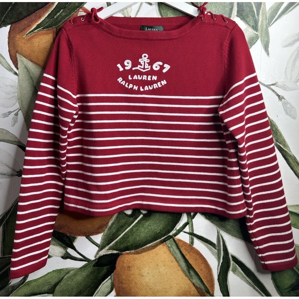 Vintage Lauren Ralph Lauren Embroidered Sweater Anchor Womens Small Striped Red‎